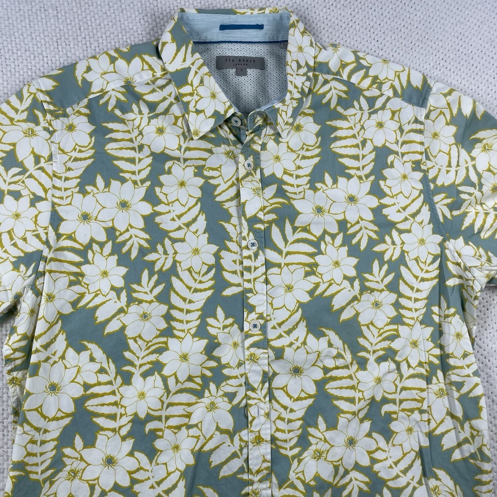 Ted Baker Shirt Mens Size 4 (L) Hawaiian‎ Floral Button Up Short Cuffed Sleeve